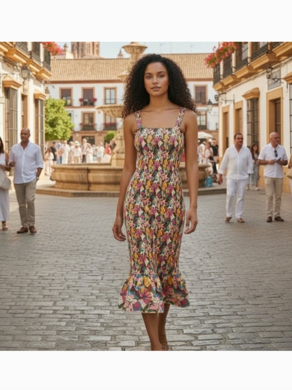 NWOT Pretty Garden Square-Neck Floral smocked Midi Dress - Flutter Hem - Large